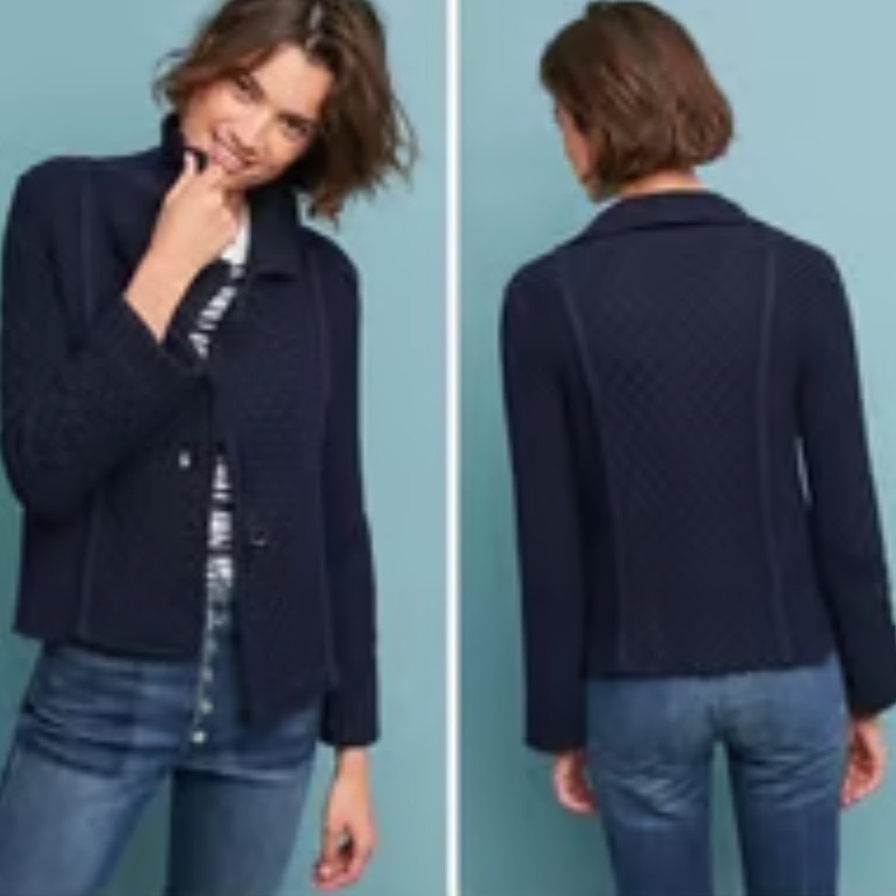 Anthro Maeve Chunky Cable Knit structured Cardigan Sweater navy Blue small - Picture 2 of 12